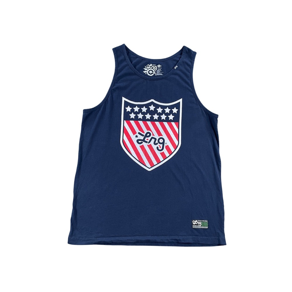 LRG Mens Tank Top XL Navy Blue Shield Graphic Stars Stripes Premium Fit 0601